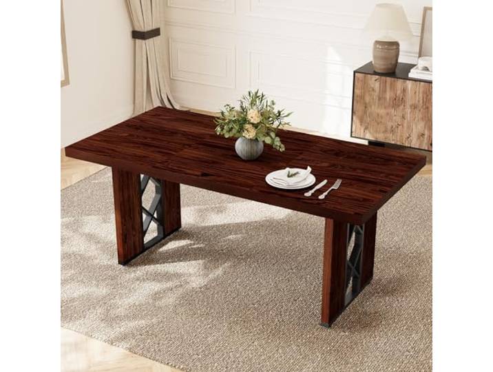 JIEXI Esstisch im Landhausstil für 6 Personen, Küchentisch mit robusten Metallbeinen, Moderne rustikale Esszimmermöbel im Industrial-Stil,Walnut