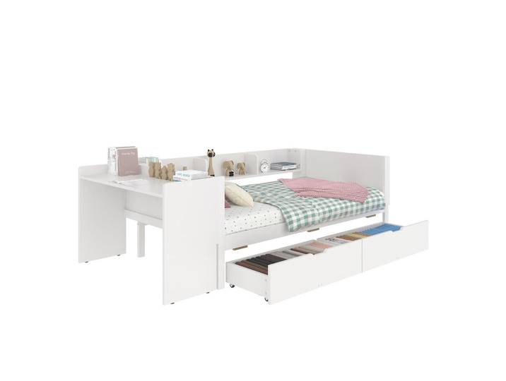 Flieks Flachbett 90x200cm Weiß Holz Schreibtisch 2 Schubladen Regale, 90x200 cm, Schlafzimmer, Betten