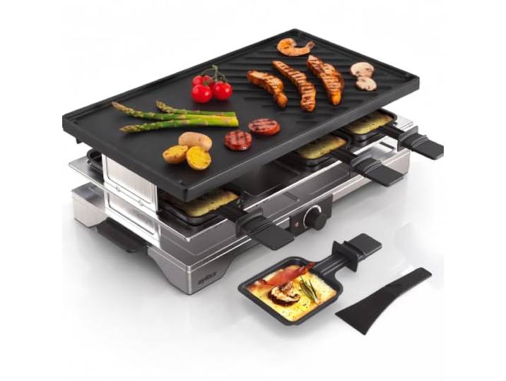 Zyliss Verso Raclette 8 Personen für Innen- und Außenbereich, Gusseisen wendbare Grillplatte, Brat- und Grillflächen, 1900 W, 8 Raclette Pfännchen und Spatel, Leicht zu Reinigen, Tischgrill