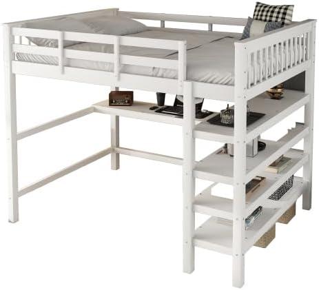 Hochbett Kinderbett 140 x 200cm mit Schreibtisch und Offenes Lagerregal, Holzbett Funktionsbett mit Lattenrost und Rausfallschutz, Kinder Etagenbett Bettgestell mit Leiter, Ohne Matratze (Weiß)