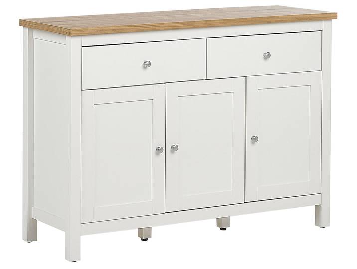 BELIANI Sideboard Cremeweiß MDF und Faserplatte 2 Schubladen 3 Türen Helle Holzoptik Schmal Skandi Modern Landhausstil Wohnzimmer Flur