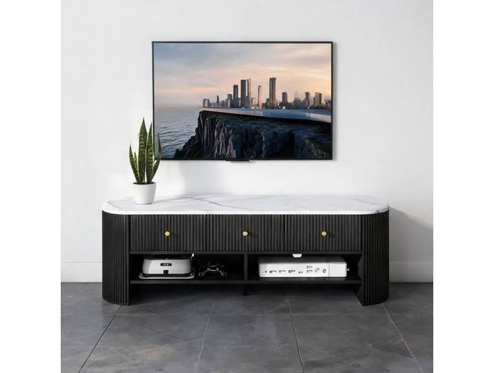 Meuble TV MDF noir avec plateau effet marbre et 3 tiroirs cannelés 140 cm salon contemporain