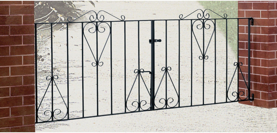 Rosalind Wheeler Suez Scroll Metal Driveway Gate 91cm High Black 213cm W X 91cm H