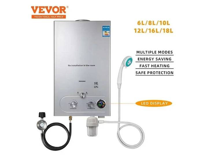 Chauffe-eau sans réservoir au propane GPL VEVOR 6L/8L/10L/12L/16L/18L, kit de douche à eau chaude instantanée, utilisable en extérieur
