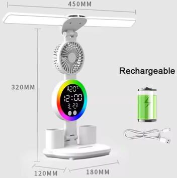 Uplift Essentials Rechargeable LED Table Lamp With Clock And Fan b Charging Model