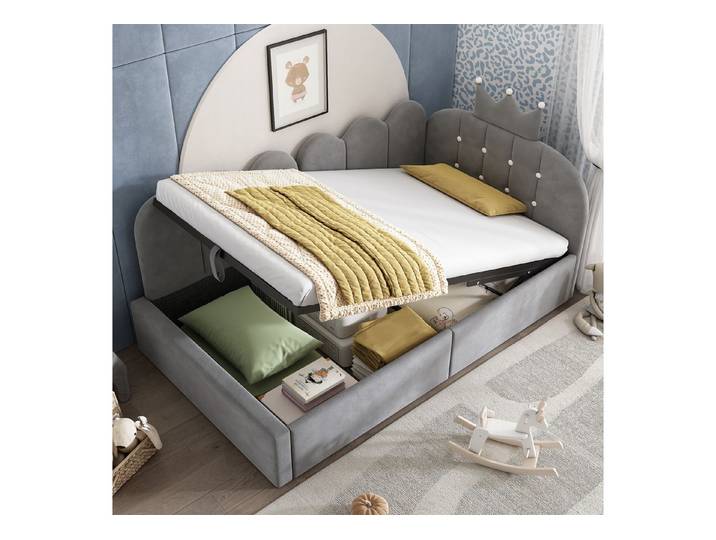 MODFU Polsterbett 90x200 cm mit Stauraum, aus Samt, Kronen-Design (Packung, 1-tlg., Hydraulischer Stauraum & Kronen-Gitter-Design), Ideal für Kinder- & Gästezimmer, ohne Matratze