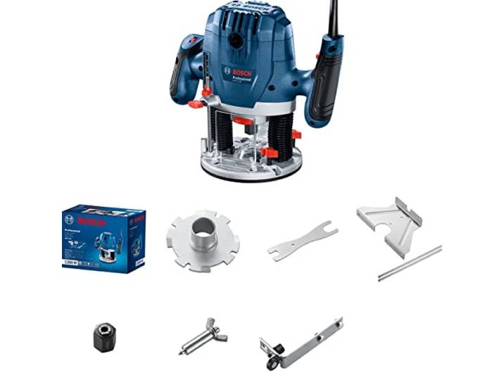 Bosch Professional: Fraiseuse supérieure GOF 130 (guide parallèle\, broche de copie\, adaptateur d'aspiration de poussière\, tige de centrage\, rouleau de guidage\, 2 pinces de fixation)