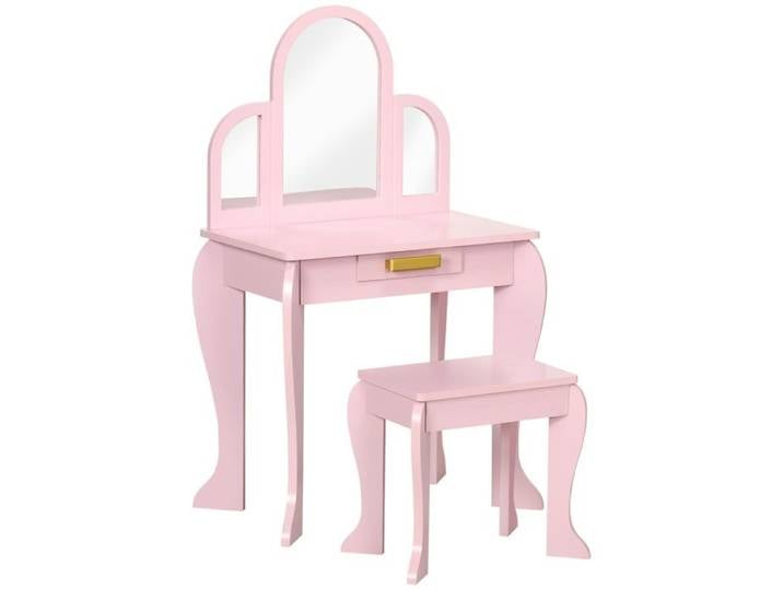 Coiffeuse enfant - HOMCOM - table maquillage tabouret 3 miroirs tiroir meuble petites filles - bois - 52x32x85cm - rose