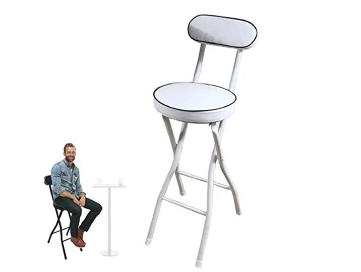 Barhocker Klappbar, Barstuhl mit Rückenlehne und Fußstütze, Küchenstühle Rund, PU Gepolstert Bistrohocker Aus Metall, Tresenhocker für Speisesaal, Theke, Café, Bar (Color : White, Size : 65cm/26inch