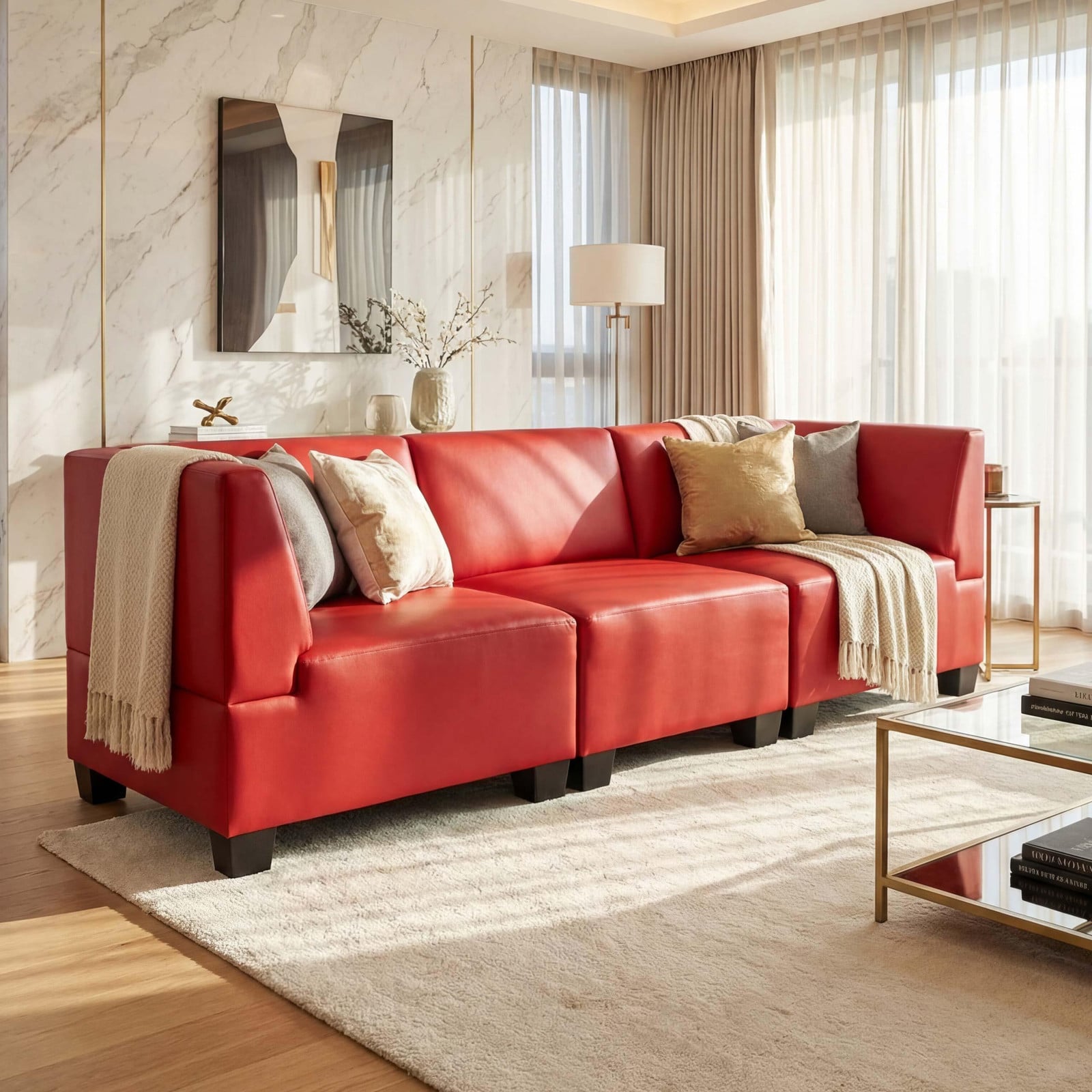 Mendler Modulaire 3-zitsbank Lyon, modern, rood kunstleer