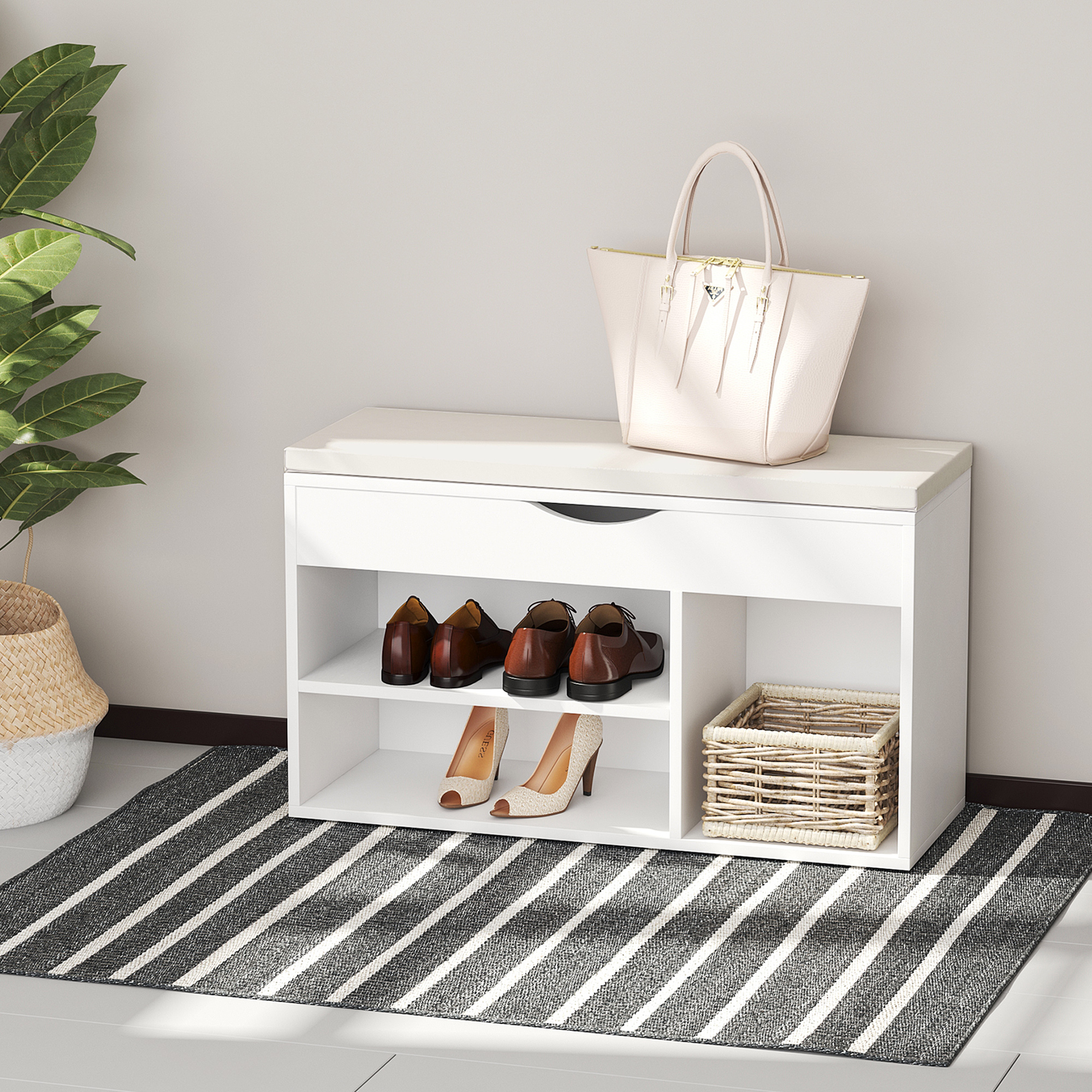 Homcom Panca Scarpiera, Mobile Portascarpe Salvaspazio con Sedile Imbottito Ribaltabile da Ingresso Legno, 80x30x47cm, Bianco   Aosom Italy