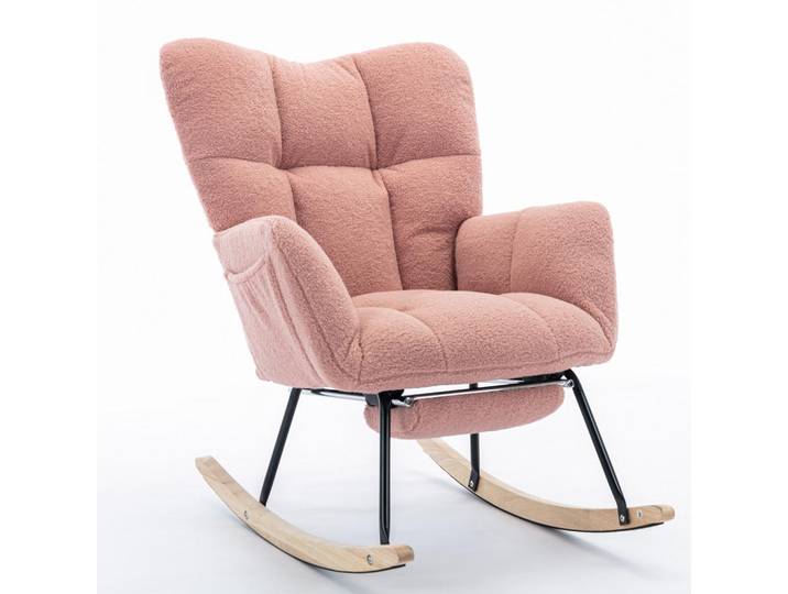Wishdor Schaukelstuhl Stoff Rosa mit klappbarer Fußablage, Holz, Rechteckig, 70x98.5x123 cm, Wohnzimmer, Sessel, Schaukelstühle