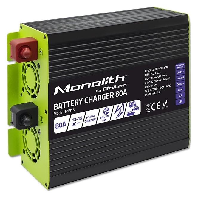 Qoltec Inteligentna profesjonalna ładowarka Monolith do akumulatorów LiFePO4 AGM GEL SLA | 80A | 12V (51918)