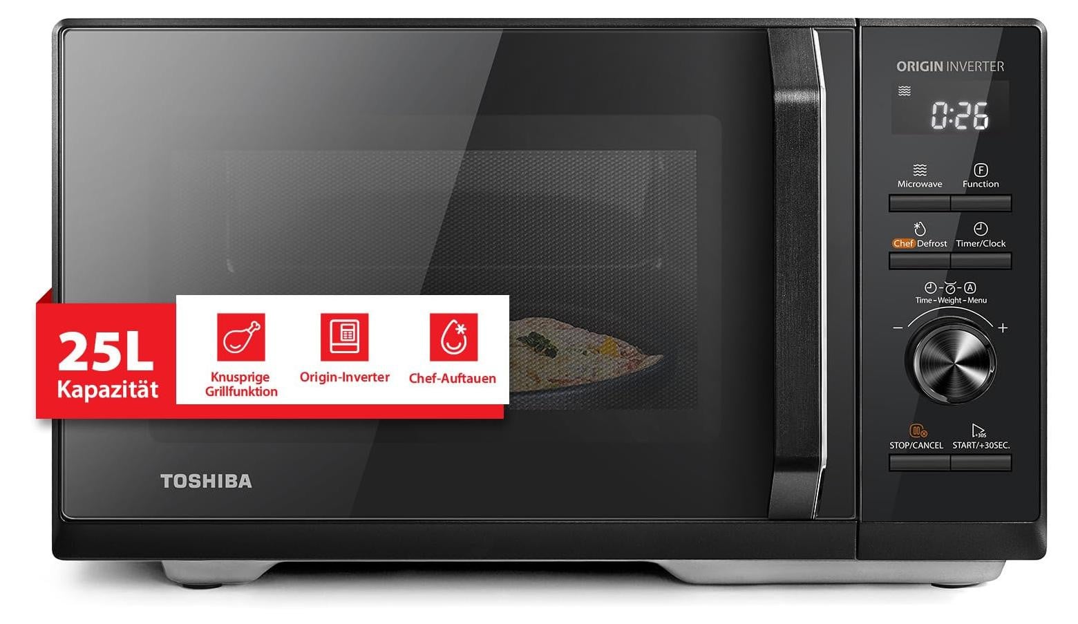 Toshiba MW3-AG25PFI(BK) Magnetron met grillfunctie, 25 liter, 3-in-1 combi-apparaat, 900W Origin-Inverter, 1100W grill, Inbouwmodel, Digitaal, Zwart