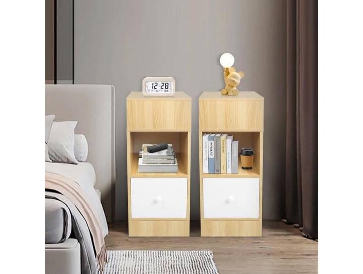 OHMG-Table De Chevet-Avec Tiroir-Poignée Ronde-Peut Être Stocké-Conception De Cloisons En Couches-Origine + Blanc Chaud