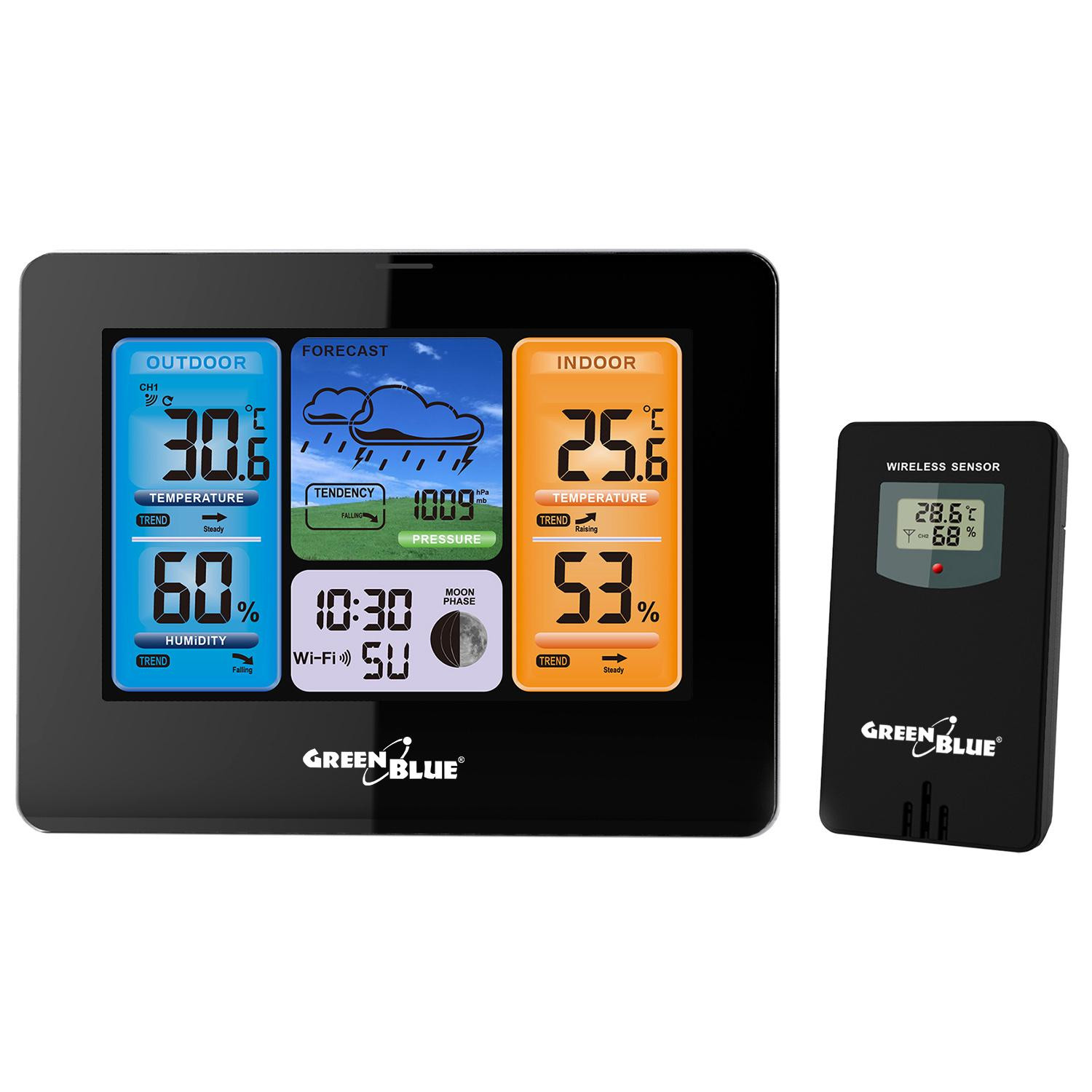 GreenBlue WiFi-weerstation GB215 met buitensensor, weersvoorspelling en barometer, compatibel met TUYA