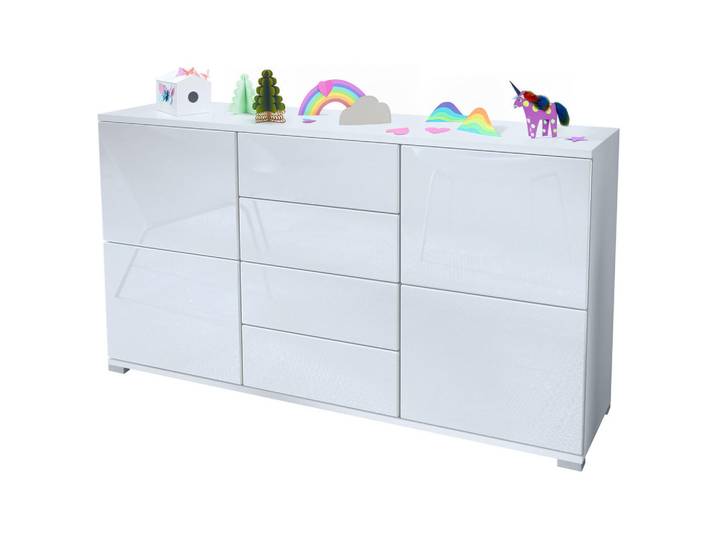 Vladon Sideboard Rova Weiß Hochglanz, 138.5x75.5x35 cm, Kleinmöbel, Kommoden, Sideboards