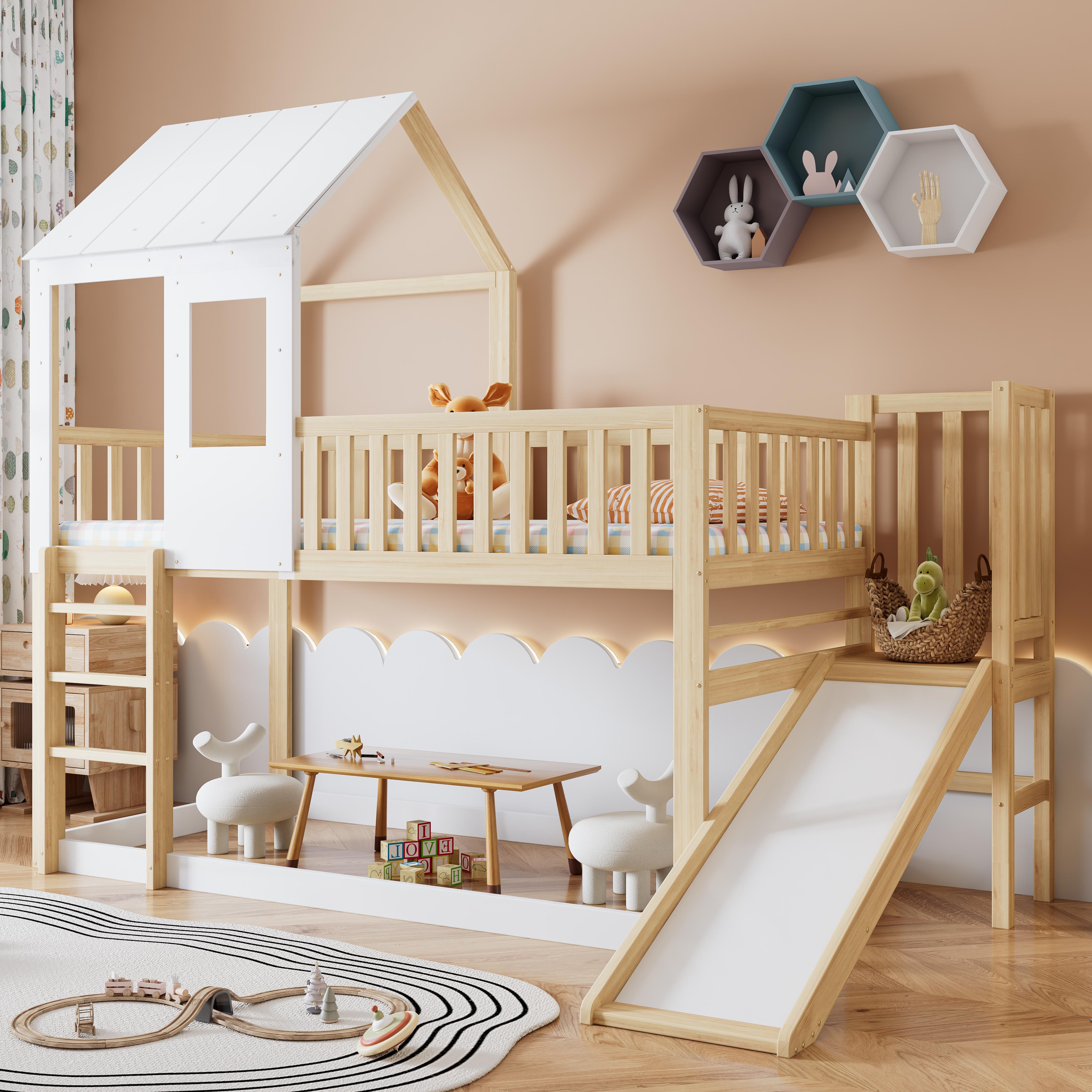 MODFU Etagenbetten 90x200cm Kinderbett Hausbett Jugendbetten mit Matratze mit Fallschutz und Gitter, Lustige Rutsche, Natur+Weiß, Untergeschoss ohne Lattenrost