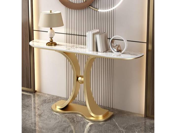 Zeitgenössischer luxuriöser Halbmond-Konsolentisch, schmaler Sofatisch Sinterstein-Tischplatte und Doppelbogen-Gestell, platzsparendes Design direkt an der Wand(Gold F,150cm/59in)