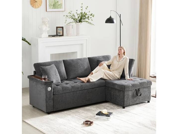 VILUXE L Sofa Schlafsofa 3-Sitzer Chenille USB Stauraum Dunkelgrau L Schlafsofa mit Stauraum, Chenille Bezug, USB Anschluss, Wohnzimmer und Gästezimmer