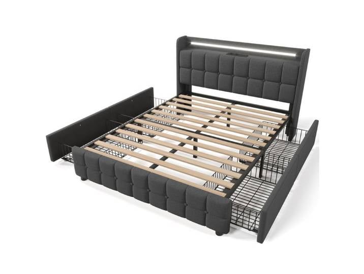 Lit rembourré avec fonction de recharge USB Tête de lit et éclairage LED et 4 tiroirs Lit double 140x200cm Lits de rangement Cadre d