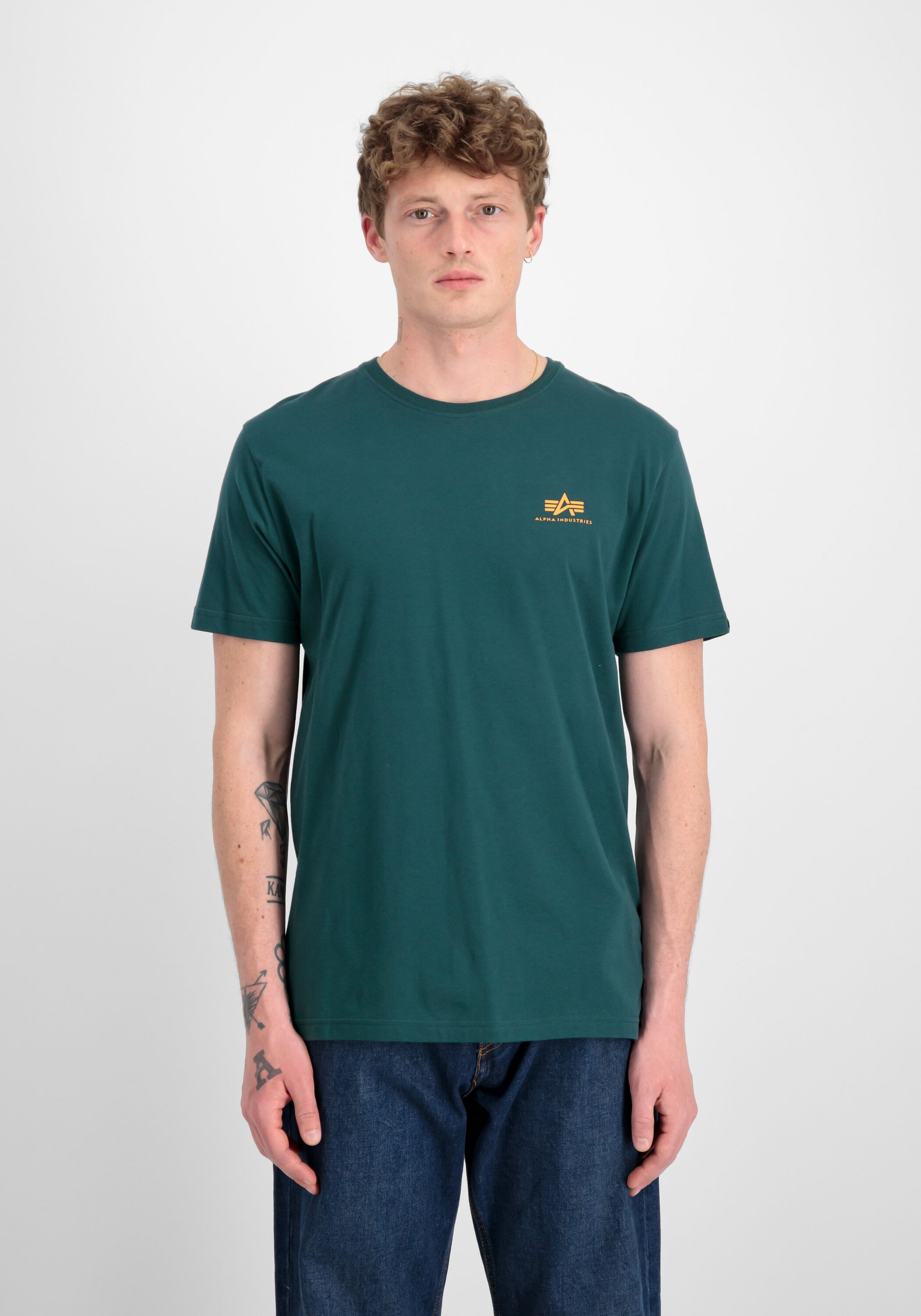 T-Shirt ALPHA INDUSTRIES "Backprint T-Shirt", Herren, Gr. M, grün (force grün), Obermaterial: 100% Baumwolle, Shirts T-Shirt force grün M