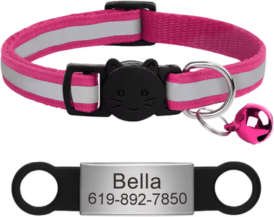 Inspire Picks Personalized Reflective Cat Collar With Engraved ID Nameplate & Bell rose 88