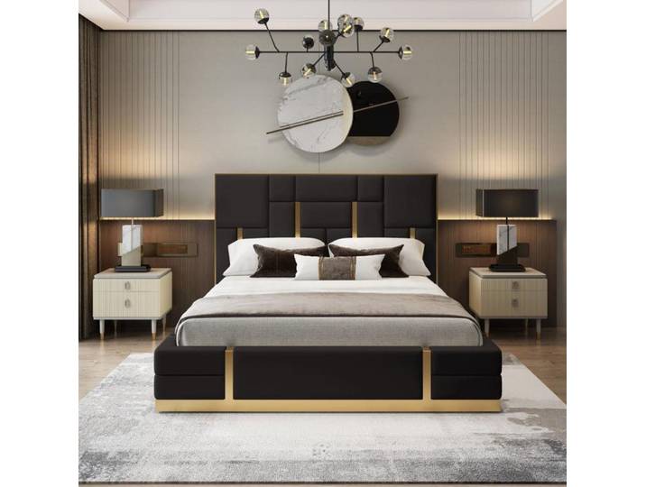 Xlmoebel Polsterbett Designer Doppelbett aus schwarzem Holz und Edelstahl (Doppelbett, Bett), Hergestellt in Europa