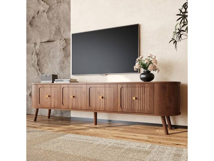 Meuble TV - LEMONBEST - Vintage - Noyer 180 x 38 x 47 cm - 4 portes - Poignées dorées