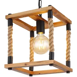 Hängeleuchte Holz Esszimmerleuchte Hanfseil Pendelleuchte Holzrahmen, Metall schwarz naturfarben, 1x E27, LxBxH 25x25x120 cm