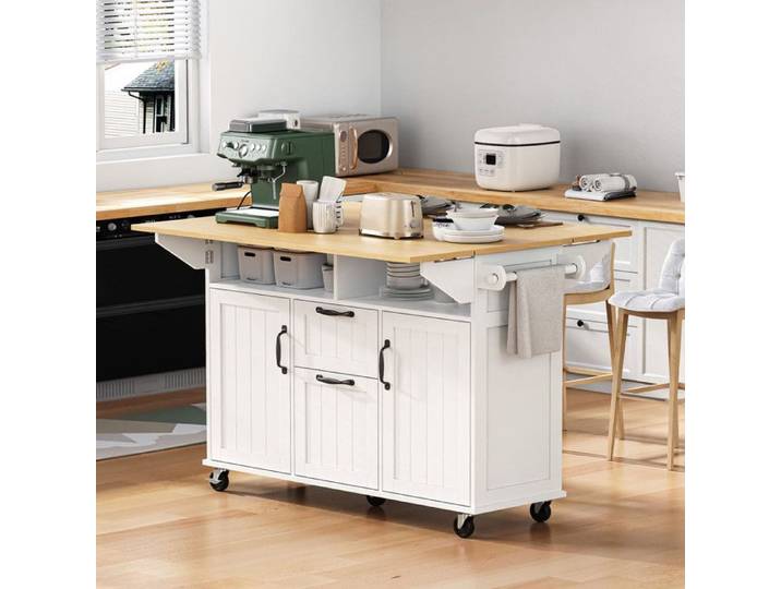 ilot central cuisine avec tiroirs et porte serviettes Chariot de cuisine mobile avec multiprises table à manger extensible Blanc