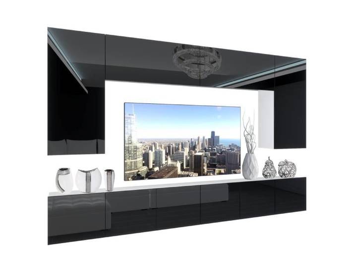 Unité Murale TV - BELINI - NEX 2-0-W-B-0-0-PP - Noir Très Brillant - LED Multicolore - Design Contemporain