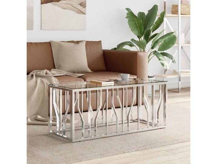 Table basse - AKOZON - 110x45x45 cm - Acier inoxydable - Verre trempé - Argenté