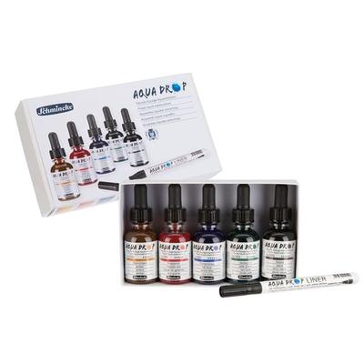 Schmincke AQUA DROP Aquarellfarbe, Kartonset lasierende Farbtöne, 5 x 30 ml Flaschen + LINER mit Pinselspitze