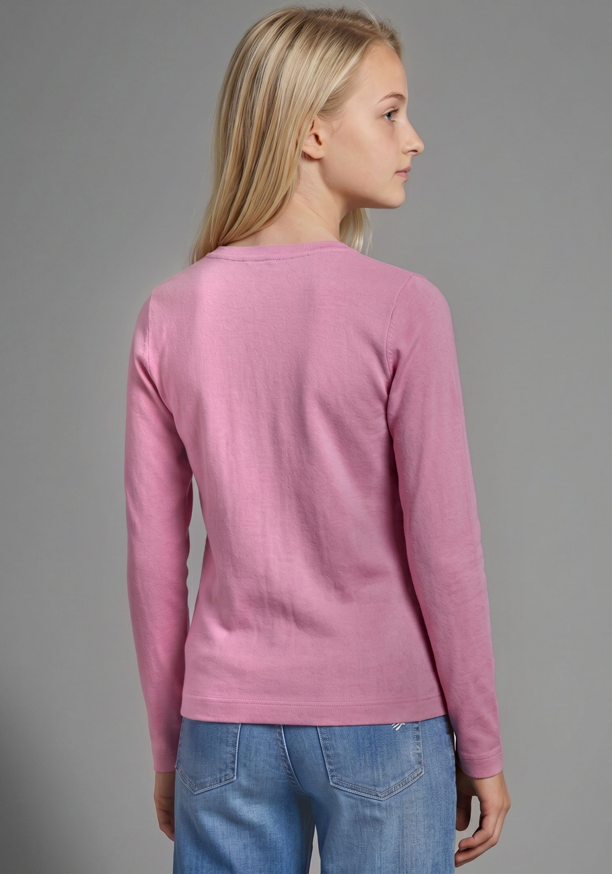 Langarmshirt KIDSWORLD "Slogan Shirt: HONESTLY", Mädchen, Gr. 176/182, rosa, Single Jersey, Obermaterial: 100% Baumwolle, Basic hüftlang, tiefer Rundhals, Shirts Langarmshirt, Spücheshirt, langärmlig, Basic-Stil, mit tiefem Rundhalsausschnitt rosa 176/182