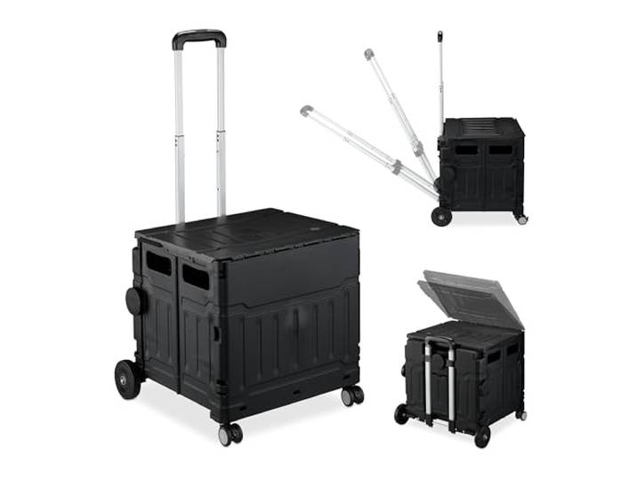 Relaxdays Chariot de Courses Pliable\, Caisse à roulettes\, avec Couvercle\, poignée inclinable\, 50 kg\, Noir