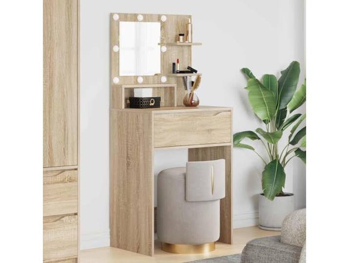 Schminktisch Sonoma-Eiche 80 x 39,6 x 135 cm mit LED-Spiegel und Ladepad LED-Hollywood-Beleuchtung, Kugellager-Schubladen, kabelloses Laden, pflegeleichte Oberfläche, moderne Optik
