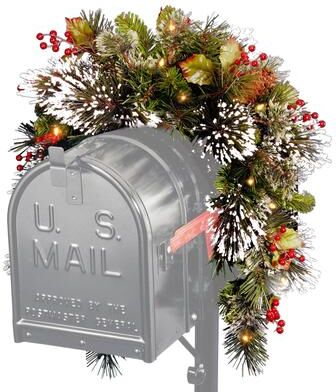 National Tree Company 3 ft. Wintry Pine Mailbox Swag with Battery-operated Warm White LED Lights - 3 ft