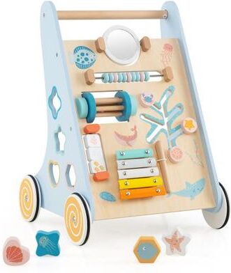 Costway Wooden Baby Walker Push and Pull Learning Activity Center with Wheels-Blue