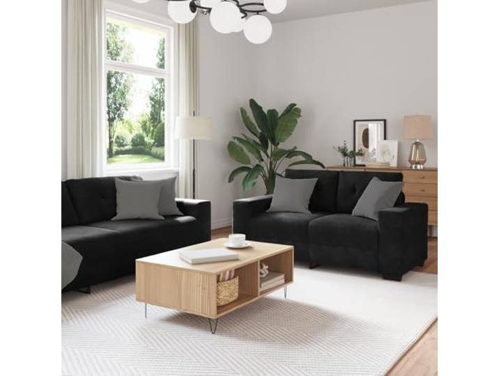 HEFZGDB 3-TLG. Sofagarnitur mit Kissen Schwarz Samt Elegant Luxuriöses Samtpolster Dick Gepolsterte Schaum-Sitze Robuste Konstruktion Stabiler Metallrahmen Vielseitige Platzierung