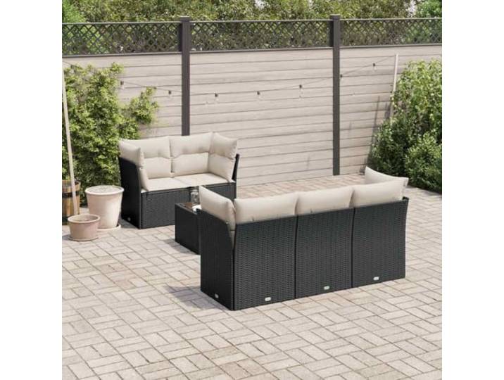 ZQQLVOO 6-TLG. Poly Rattan Sofagarnitur Schwarz Mit Kissen Modulares Design, Abnehmbare Waschbare Bezuege, Glastischplatte, Wetterbestaendig