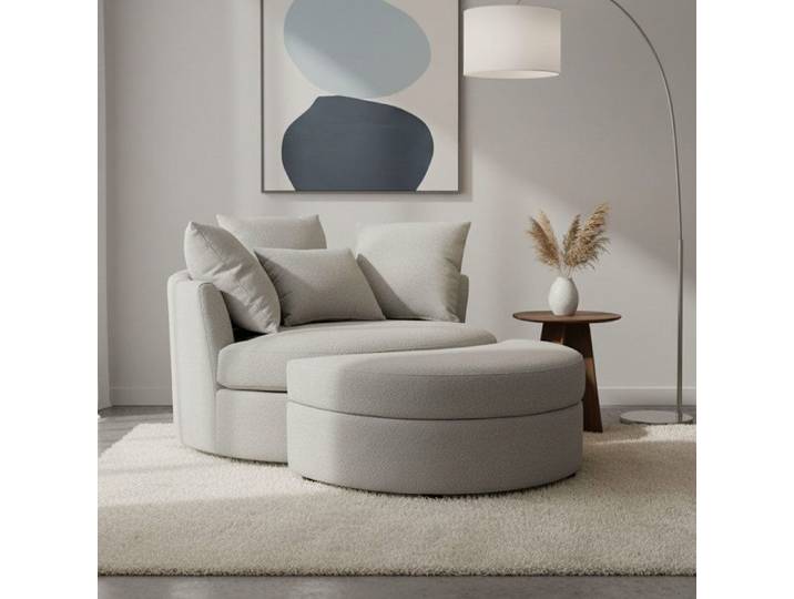 Fauteuil rond loveuse pivotante + coffre en tissu texturé gris
