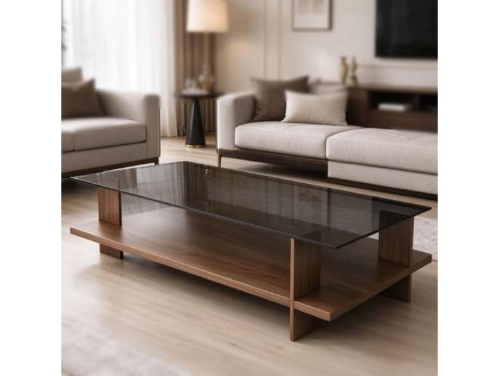 YHTCSXMD Moderner Couchtisch, Glastisch Wohnzimmer mit Holz Hartglasplatte und Holzstruktur, zwei Ablageflächen, nordisches Design für Bücher und Deko, moderner Wohnzimmertisch