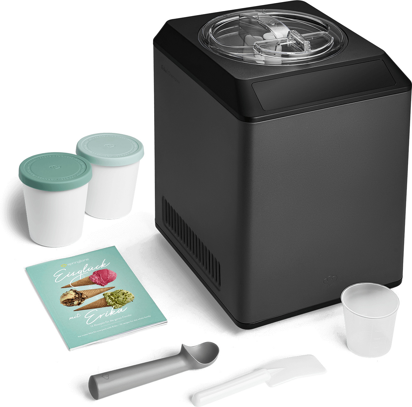 SPRINGLANE Eismaschine & Joghurtbereiter Erika 2,5 L mit selbstkühlendem Kompressor 250 W, Eiscrememaschine aus Edelstahl mit Kühl- und Heizfunktion, inkl. Rezeptheft + 2 Aufbewahrungsbehälter