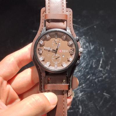 Perfect Picks Market Retro Men Big Dial Leather Band Quartz Watch Business, Military, And Sports Wristwatch brown