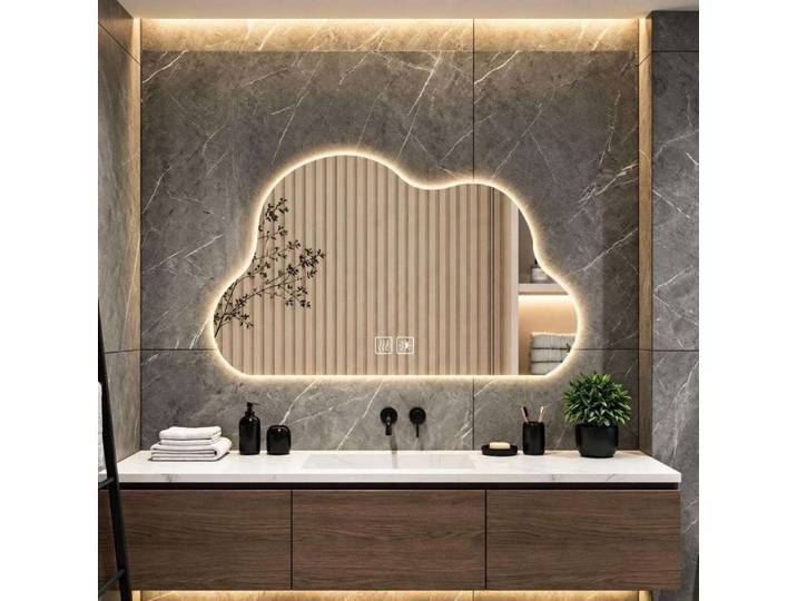 Miroir Salle de Bain Asymetrique LED 40x60CM Miroir de Maquillage Lumiere Tricolore Luminosite Reglable Anti-buee Forme de Nuage