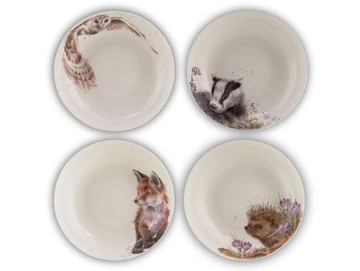 Wrendale Designs Porzellan Pasta- & Suppenteller 4er-Set: Igel Fuchs Eule Dachs ca. 22cm D, ca. 800 ml Fassungsvermögen, Royal Worcester illustriert von der Künstlerin Hannah Dale dekorativ Servieren