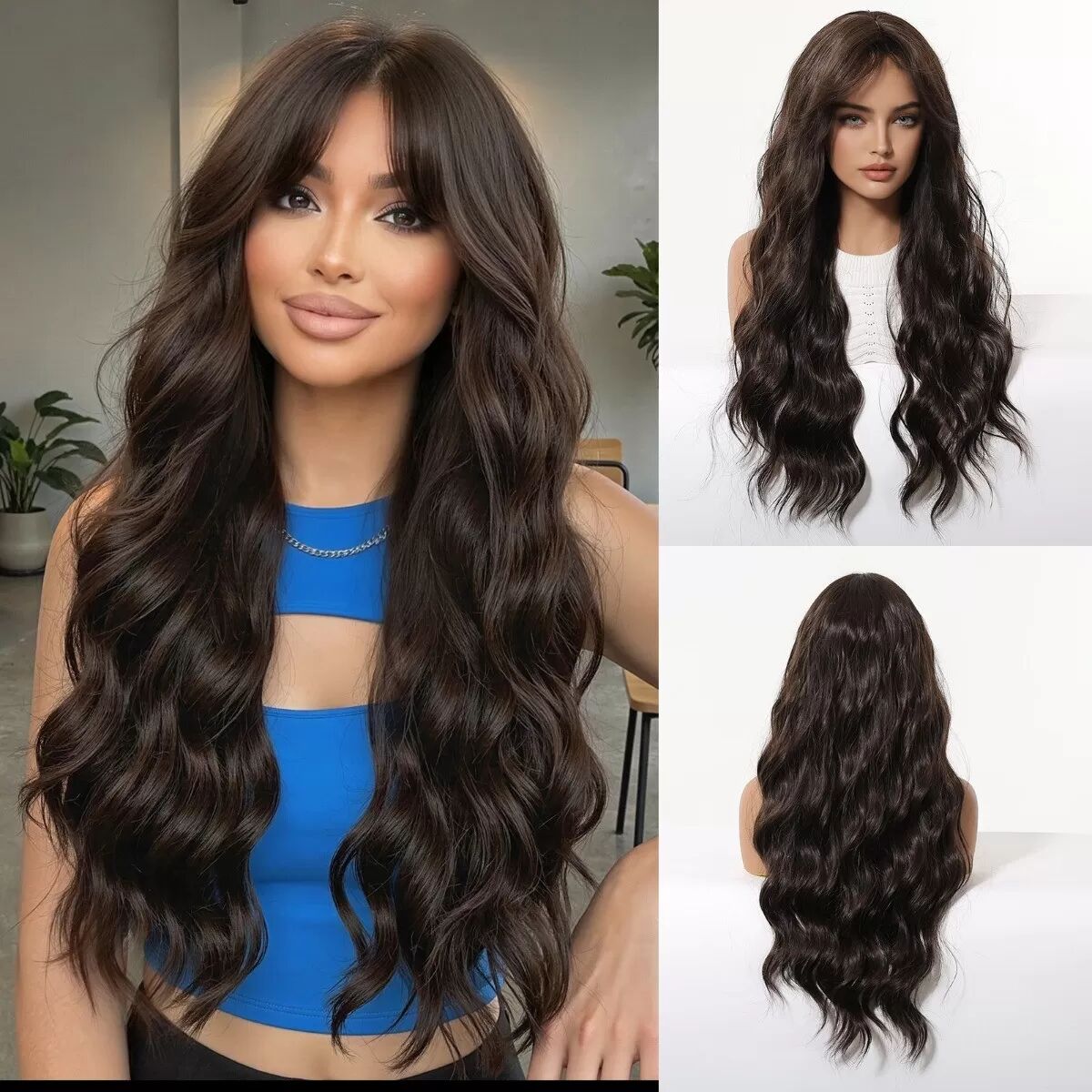 INF Perruque Longue Bouclée avec Frange - Cheveux Synthétiques Résistants à la Chaleur pour le Quotidien et les Fêtes
