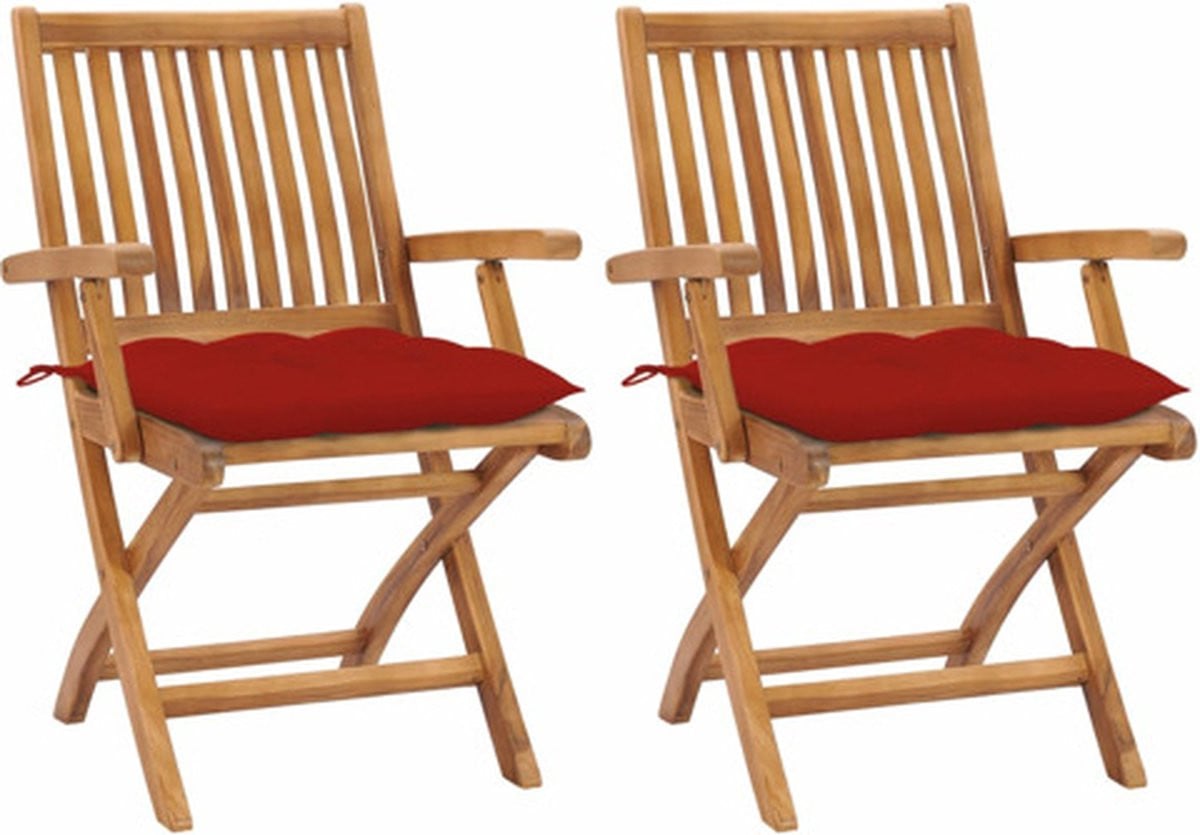 vidaXL Set van 2 Inklapbare Stoelen van Massief Teakhout met Rode Kussens