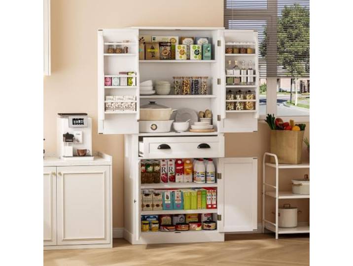 BXEYXE 182 cm Aufbewahrungsschrank, 4 Türen und 1 Schublade, 2 Türen mit Ablageflächen, 6 Staufächer und 4 verstellbare Ablageflächen, geeignet für Küche, Esszimmer und Wohnzimmer, weiß